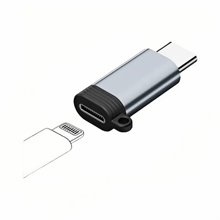 Adaptor Type-C la Lightning, aluminiu, anti-pierdere, gri, 28x11.2mm