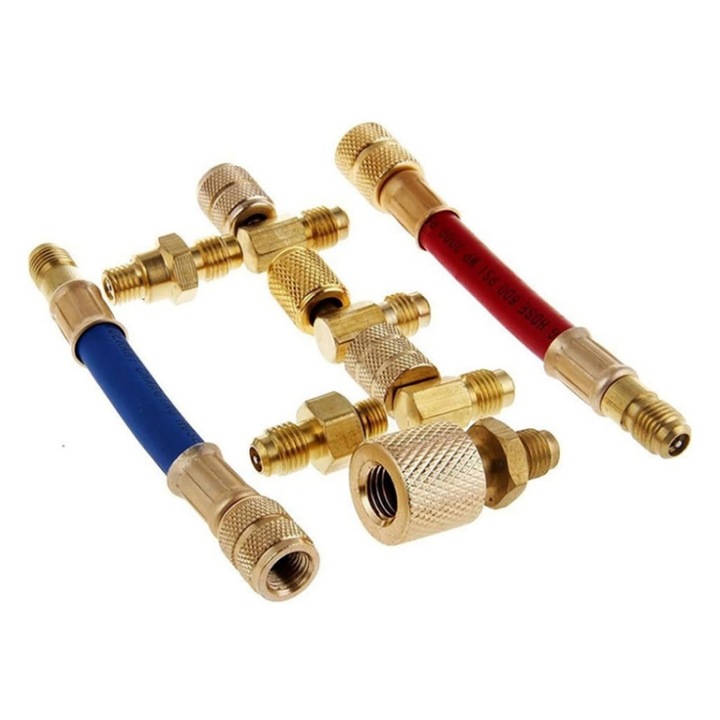 8 db légkondicionáló adapter készlet, AjieQaQ, R134A/R12, 7/16Mx5/16F, 7/16Mx3/8F, 90 fok