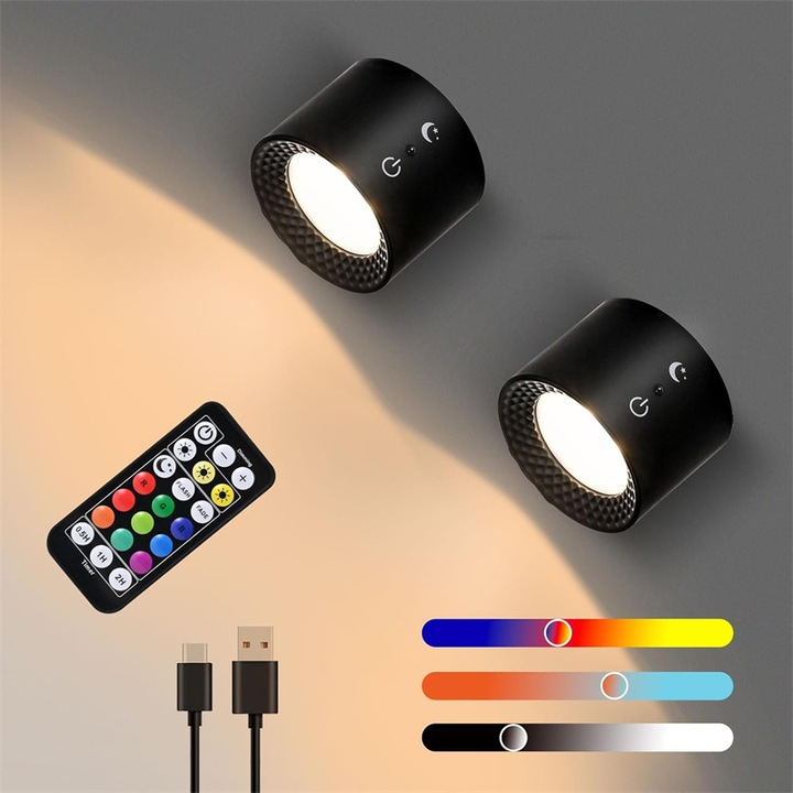 Set de 2 lampi de perete LED + RGB, AjieQaQ, fixare magnetica, comutator tactil, control tactil si telecomanda, sigur si detasabil, pivotant la 360 °, intensitate luminoasa reglabila, protectie pentru lectura, trei temperaturi de culoare, negru