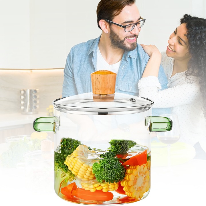 Oala din sticla borosilicata, MOROVAN, 2.3L, cu capac si manere, rezistenta la caldura, pentru Gatire si Servire, 22x21cm, Transparenta/Verde