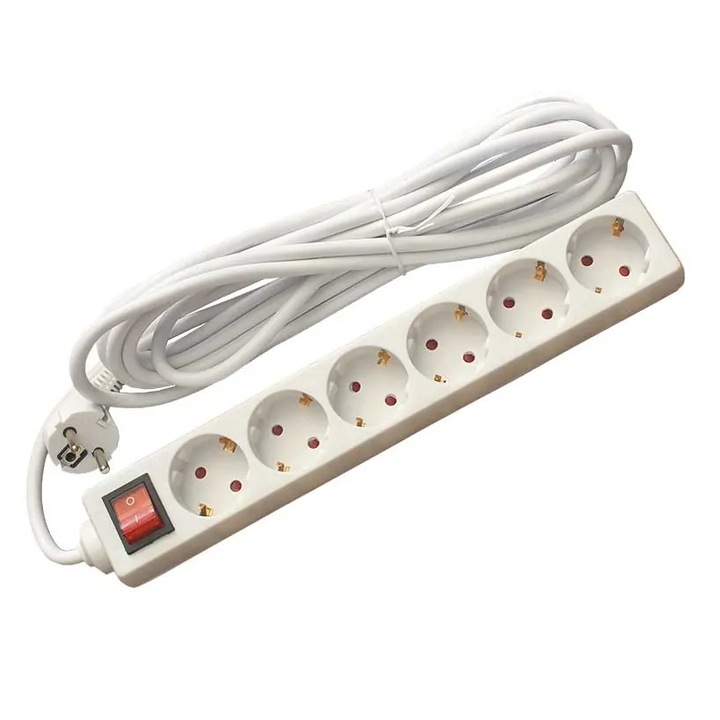 Prelungitor Datamaxx 6 prize, IP20, 3x1.5 mmp, 3680W, 10 metri lungime, cu intrerupator, alb