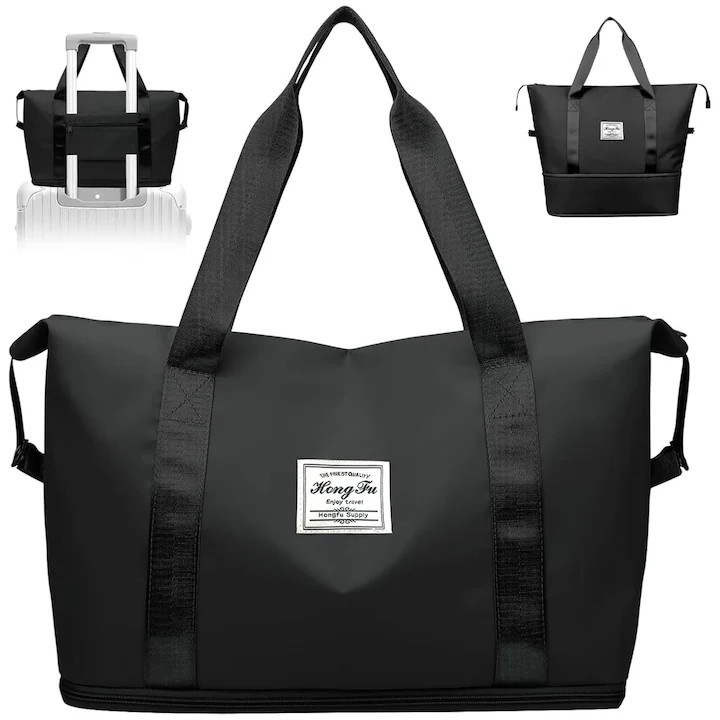 Geanta de voiaj, MOROVAN, Geanta voiaj sau sport de mana, Geanta de voiaj extensibila, 29L, Pliabila, Inchidere cu fermoar, Impermeabil, Durabil, Rezistent la uzura, neagra, 40x20x36cm