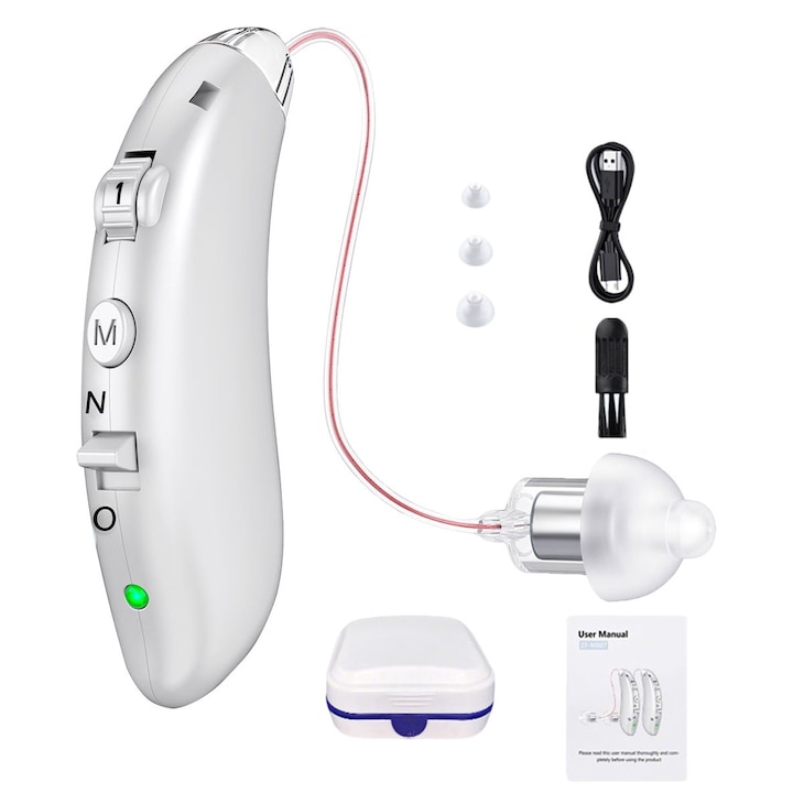 Aparat auditiv, amplificare sunet, anulare zgomot, argintiu, set complet