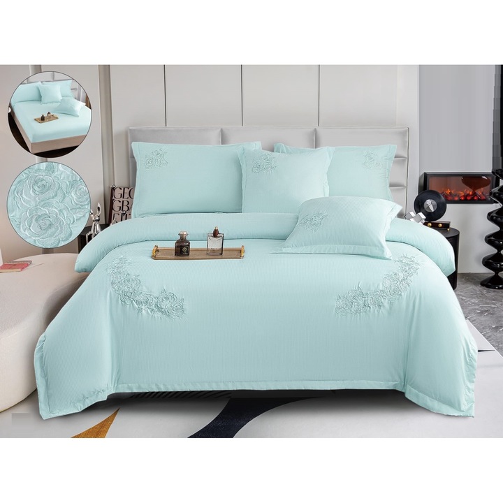 Set Lenjerie CHIRASO, Eleganta de Lux, Bumbac fin cu Broderie, 6 piese, Cearceaf de pat cu elastic 180x200 cm, Cearceaf pilota 200x230 cm, 2 fete de perna 50x75 cm, 2 fete de perna 60x60 cm, cutie cadou, UNI, albastru pastel