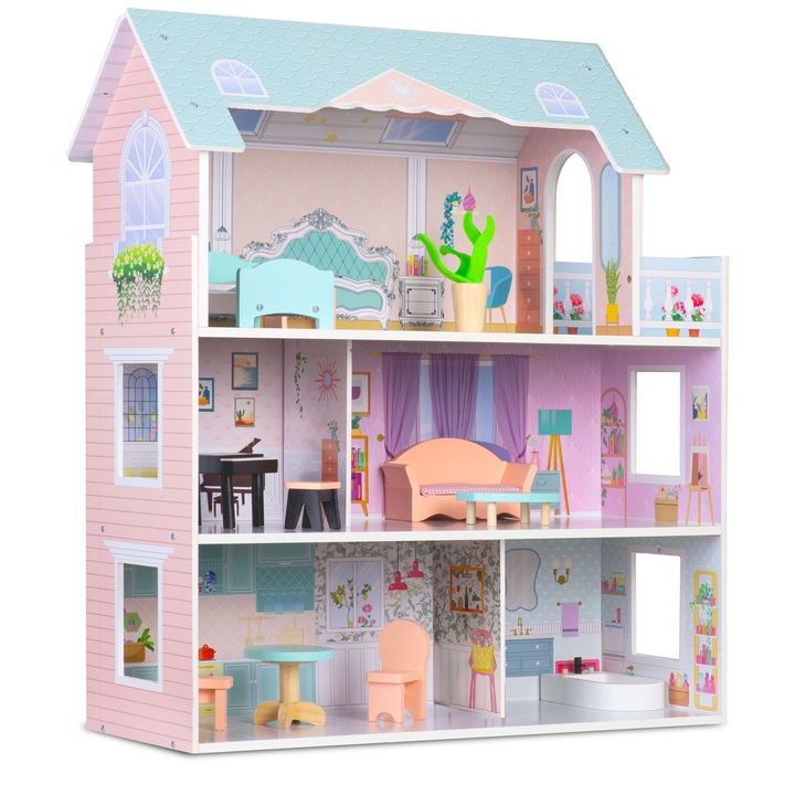 Casuta pentru papusi 3-pietre Ricokids, 12 mobilier, roz, 70x60x24cm