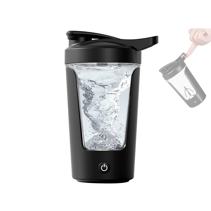 Pahar cu amestecare automata 450 ml, portabil, fara fir, rezistent la temperaturi inalte, cana reincarcabila pentru bauturi potrivita pentru activitati in aer liber de la birou, negru