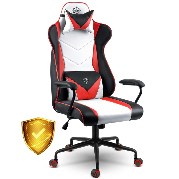Scaun de gaming, Miss Fortune, 123x64.5x75cm, negru/alb/rosu, cu 2 perne incluse