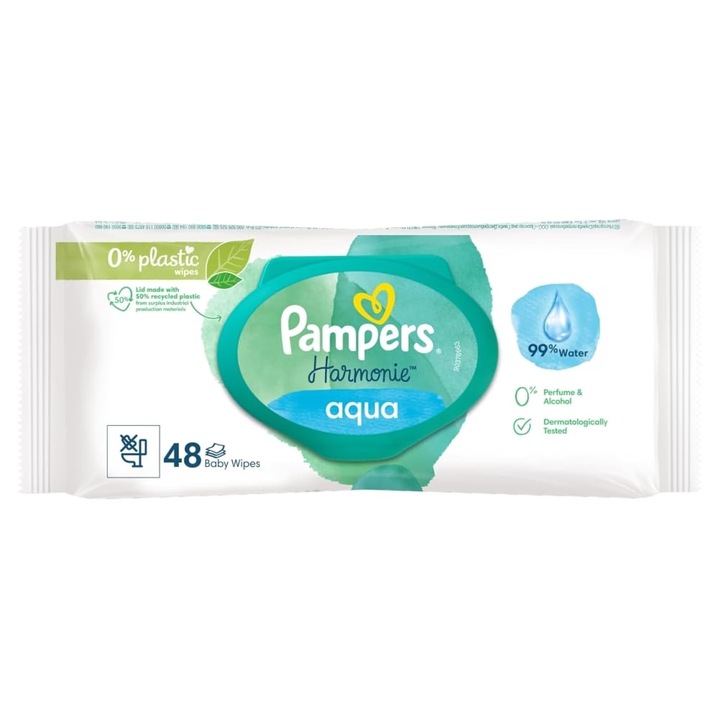 Servetele umede fara plastic Pampers Harmonie Aqua Plastic Free, 48 buc