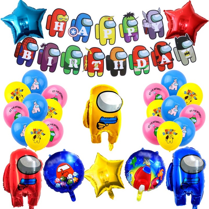 Комплект балони за рожден ден сред нас, банер Честит рожден ден, сред нас балони от алуминиево фолио, сред нас парти декорации, сред нас латексови балони