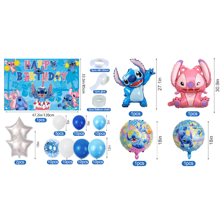 Комплект парти балони Stitch, фолиеви балони Lilo & Stitch, латексови балони Stitch, украса за рожден ден на Lilo и Stitch, фон Stitch, панделки, верижка от балони, син