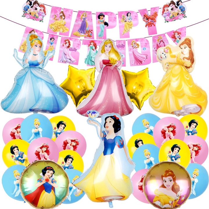 Комплект за парти декорация, Балони Disney Princess, 27 части, светло розово, жълто, синьо, розово, жълто, латекс и фолио