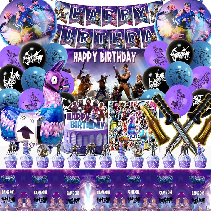 Комплект за украса за парти Fortnite, фолиеви балони, латексови балони, банер, покривка, украса за торта