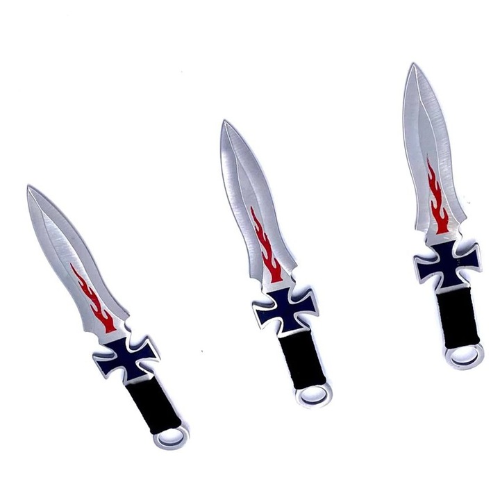 Set 3 cutite ninja de aruncat in copaci, model cruce, lama din otel, 17 cm, husa, dalimag