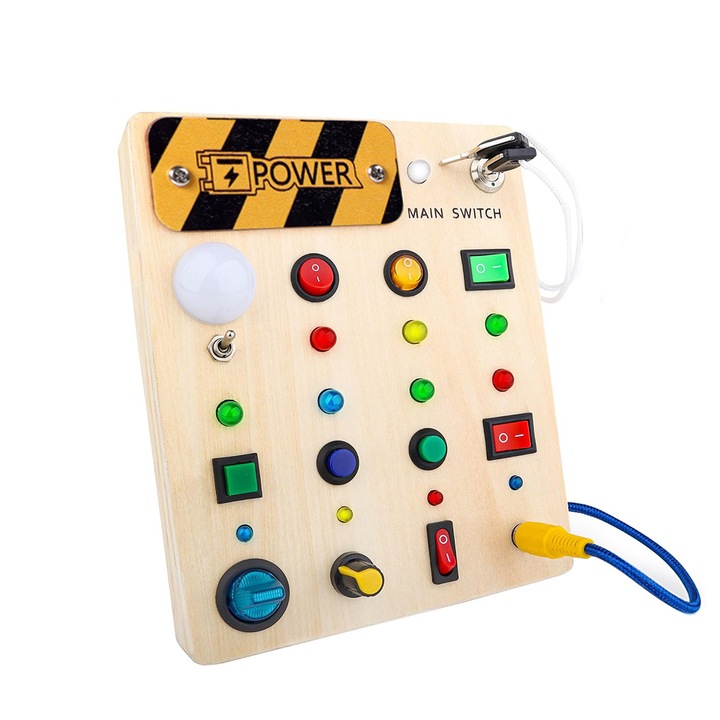 Tabla Montessori pentru copii, Jucarie din lemn cu lumina LED, Placa ocupata senzoriala de calatorie din lemn, 17x14,5x2,8cm, Model B