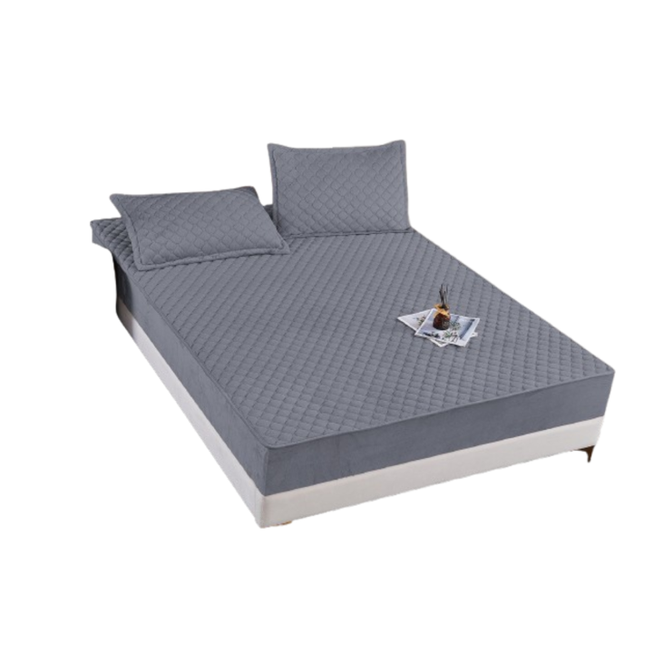 Husa de pat si 2 fete de perna, Catifea, Topper Matlasat, 180x200cm, Gri Deschis