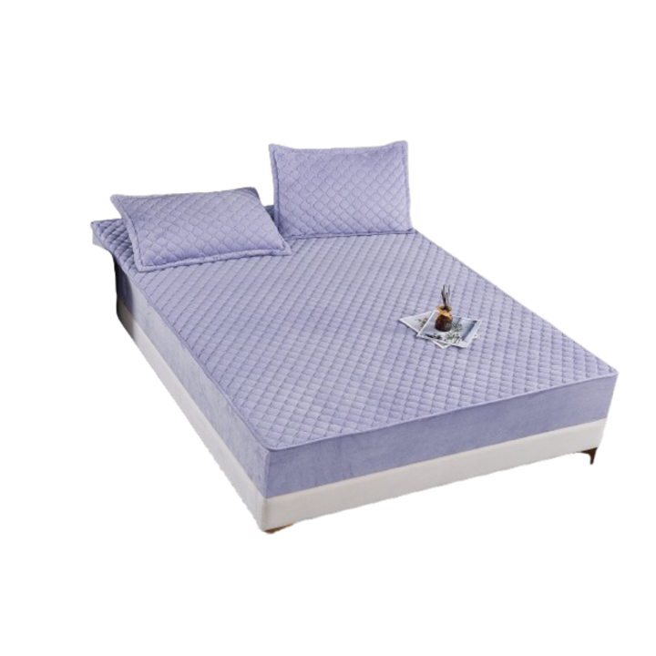 Husa de pat si 2 fete de perna, Catifea, Topper Matlasat, 180x200cm, Lavanda