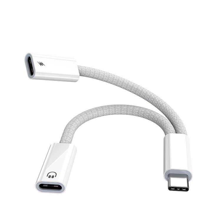 Adaptor audio 2 in 1, Fudisenn®, Universl, 60W, Potrivit pentru incrcre, scultre muzic si efecture peluri telefonice, Clitte Premium, Alb