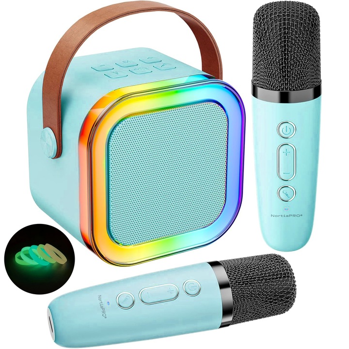 2 db karaoke mikrofonból és hordozható vezeték nélküli hangszóróból álló készlet, NortiaPRO®, sztereó HiFi hang, 5 hangeffektus, Bluetooth, USB, hangszóró led lámpákkal, AUX, TF/Micro SD kártya, MP3 lejátszó, 5 db világító karkötő, kék