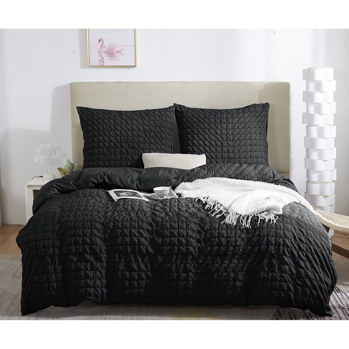 Lenjerie de pat, Spod Igly i Nitki, 140x200, microfibra, neagra, husa pilota cu 1 fata de perna 70x80