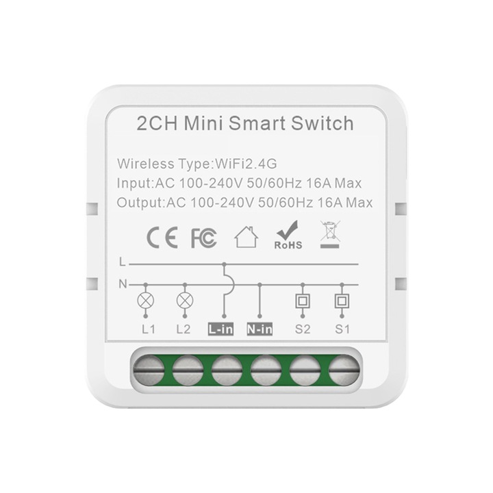 Мини интелигентно реле 16A, Интелигентен превключвател, 2 канала, Wi-Fi/Bluetooth дистанционно управление, Съвместимо с Tuya Smart / Smart Life / Google Assistant / Amazon Alexa, 42 мм