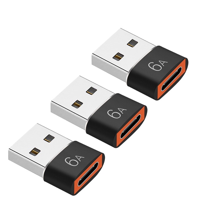 Комплект от 3 адаптера, Type-C към USB 3.0 адаптер, 6A, трансфер на данни 480MB/s, черен