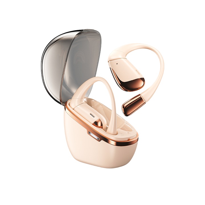 Casti fara fir, Bluetooth 5.4, atarna pe ureche, calitate HD a sunetului, sunet stereo bilateral, autonomie 8 ore, rezistent la apa IPX5, material silicon, compact si portabil, culoare bej