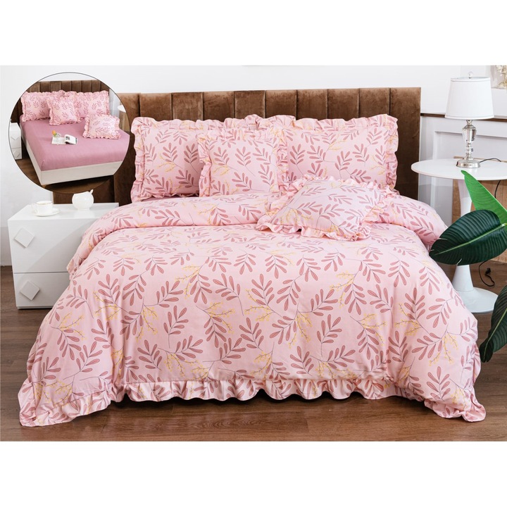 Set Lenjerie CHIRASO, Bumbac Fin, cu volanase, pentru 2 persoane, 6 piese: Cearceaf de pat cu elastic 180x200 cm, Cearceaf pilota 200x230 cm, 2 fete de perna 50x75cm, 2 fete de perna 60x60cm, cu imprimeu ramuri, roz pal