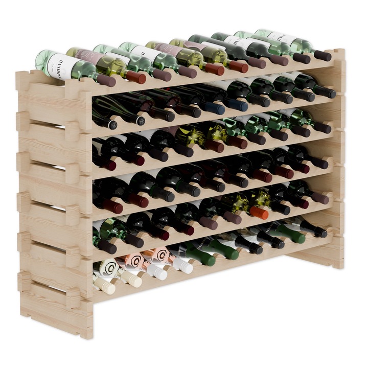 Премиум дървена стойка за вино Lenmar за бутилки, RW-STK, 60 бутилки, 6 шезлонга, 68, 3 x 110 x 30 см, бежово, вино, стойка за бутилки, сутеренен рафт, рафтове, поставка за бутилки