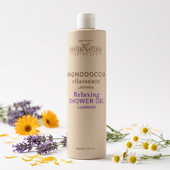 Gel de dus relaxant MaterNatura lavanda 500ml, curatare delicata, hidratare si confort pentru toate tipurile de piele, cu lavanda, galbenele, musetel si echinacea, aroma relaxanta, eco bio organic