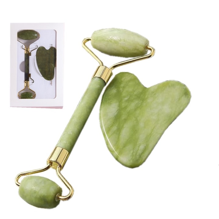Set Gua Sha si rola de jad, Guasha Tool Face, Jade Gua Sha si role de fata pentru femei, Piatra Gua Sha, Cadou de autoingrijire, Relaxarea muschilor corpului, Imbunatateste umflarea ochilor,