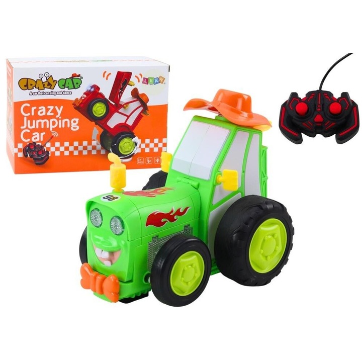 Tractor R/C saltaret verde, Leantoys, 20x13x10cm, pentru copii 3+ ani