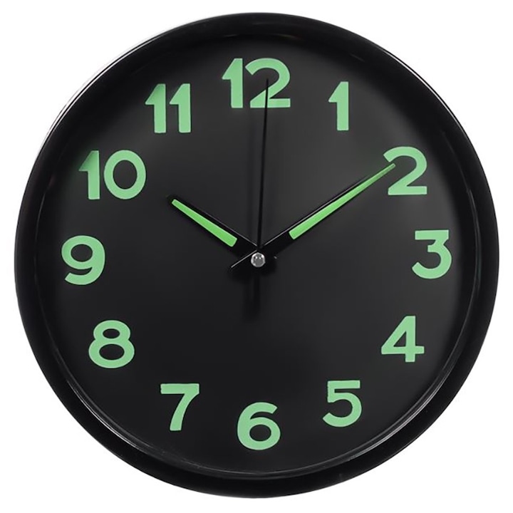 Ceas de perete, 20x3,5 cm, Stralucire in intuneric, Negru