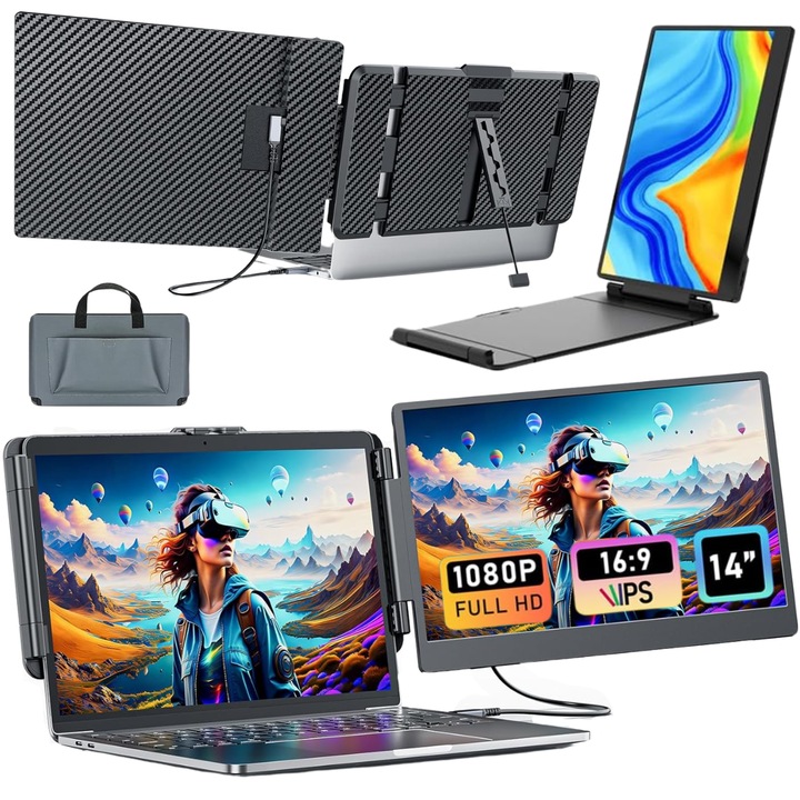 Bővíthető és hordozható laptopmonitor, 14 hüvelykes FHD 1080P IPS képernyőhosszabbító, 13 hüvelykes és 17 hüvelykes laptopokhoz, 360 fokban összehajtható, kétképernyős kompatibilis IOS, Android, Windows, Mac rendszerrel, USB-C és HDMI-porttal, Plug