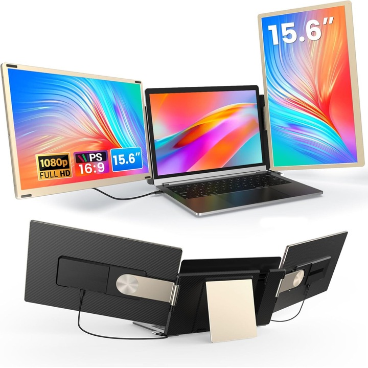 Háromszoros bővíthető monitor 13"-17,3" laptophoz, bővítő 15,6 hüvelykes képernyővel, Full HD 1080P IPS kijelző, Windows/Mac/Linux kompatibilis, hordozható és többfunkciós kialakítás, USB-C és Mini HDMI port, Plug & PLAYA