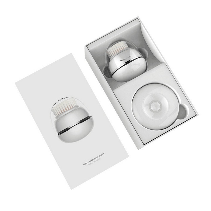 Електрическа четка за почистване на лице SkinTime, Водоустоичива, Ултразвук, 3 степени, Бяла