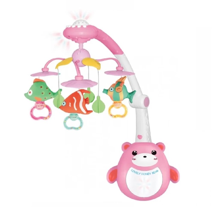 Zenélő körhinta kiságyhoz, távirányítóval, világítással és kivehető játékokkal, babáknak, 56x55cm, Rózsaszín