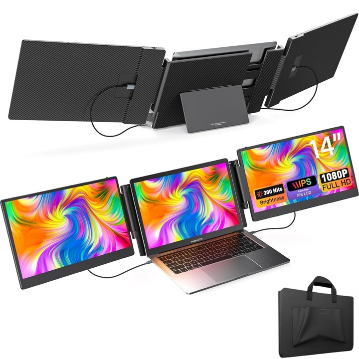 Bővíthető és hordozható laptopmonitor, 14 hüvelykes FHD 1080P IPS képernyőhosszabbító, 13 hüvelykes és 17 hüvelykes laptopokhoz, 360 fokban összehajtható, három képernyős kompatibilis IOS, Android, Windows, Mac rendszerrel, USB-C és HDMI-porttal, P