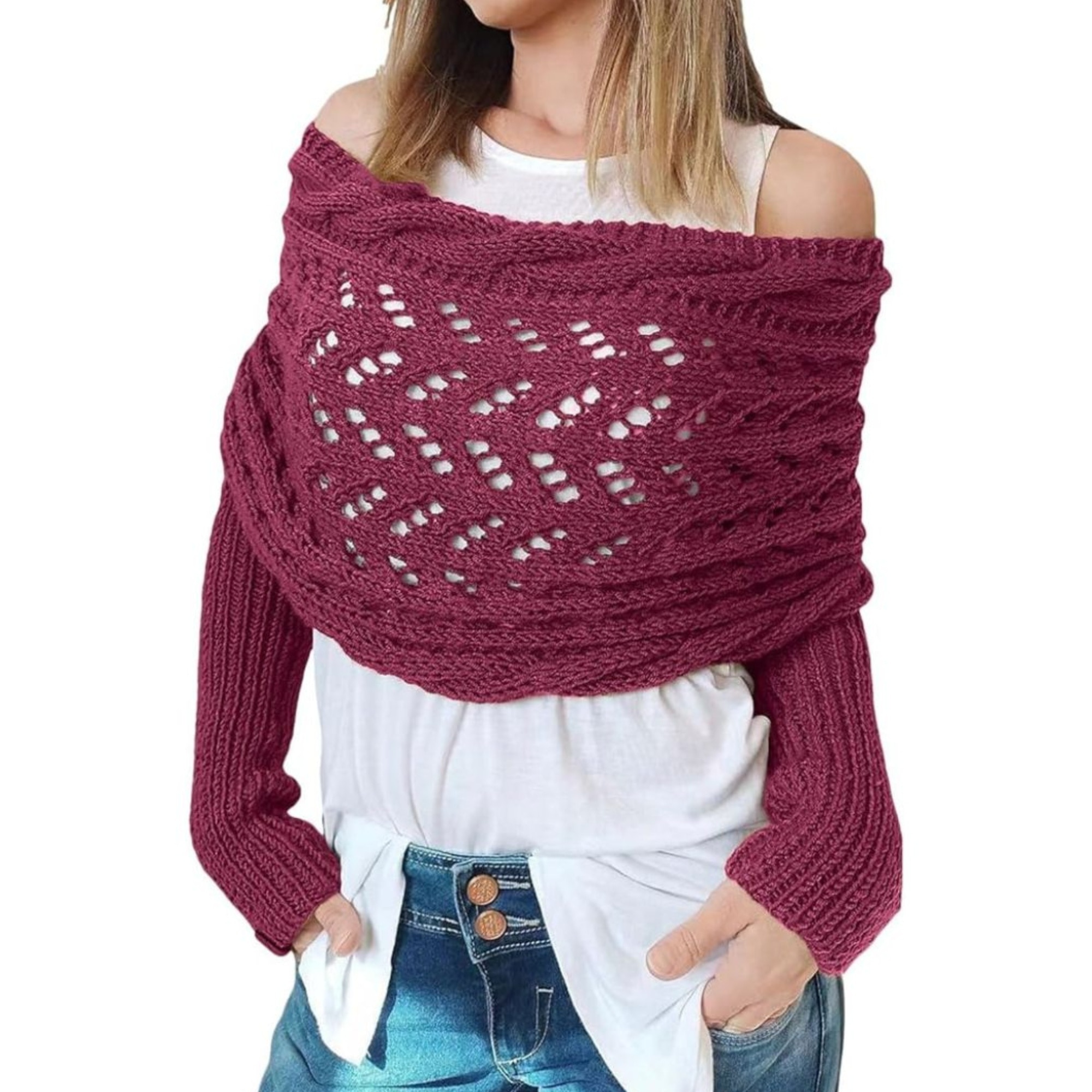 Sal tricotat, cu maneci, elegant si confortabil, potrivit pentru