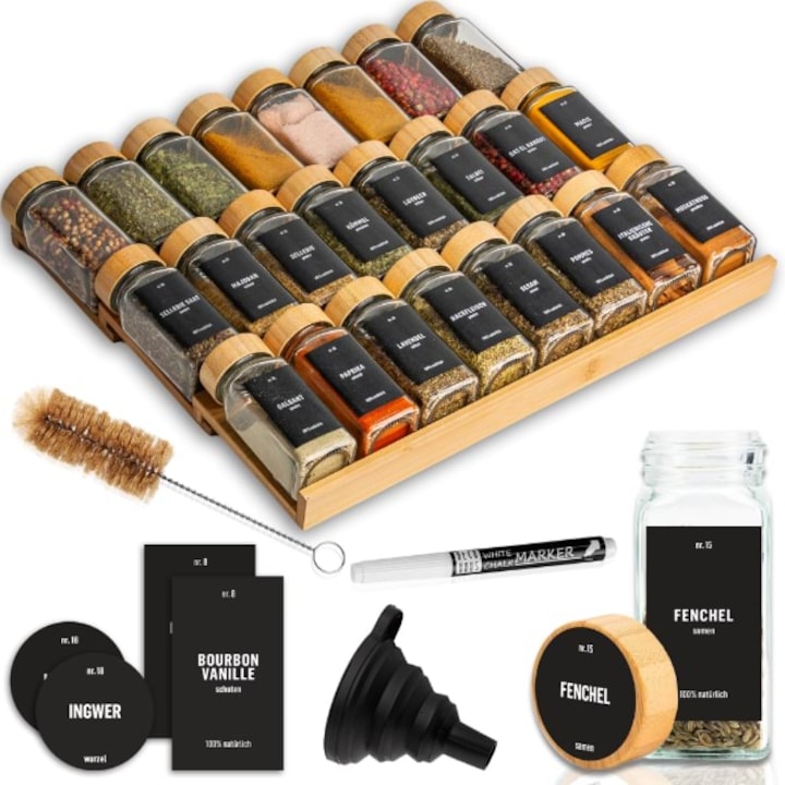 Вложка за чекмеджета за подправки, 24 кутии за подправки, регулируема ширина, лесна и модерна употреба, бамбуков капак - Deco Haus