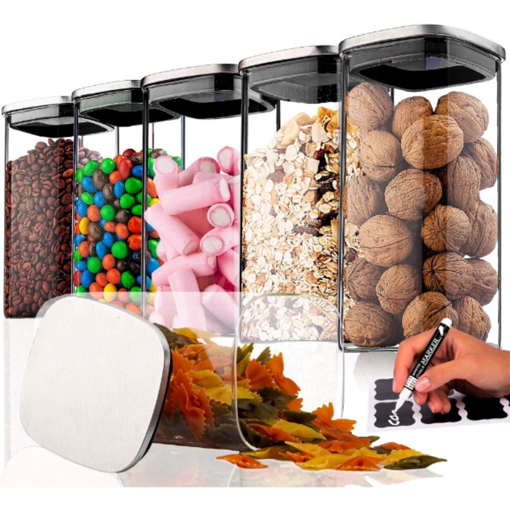 Set borcane depozitare, cu capac, 6 bucati, pentru alimente, se pot folosi la cuptorul cu microunde, 20 x 10 cm - Deco Haus