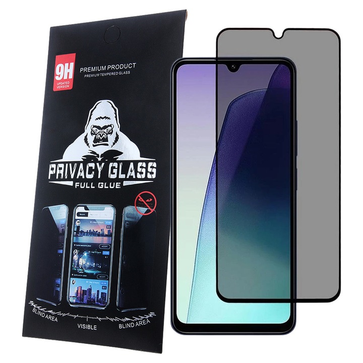 Xiaomi Redmi 14C / Redmi A4 / Poco C75 kompatibilis üvegfólia, előlapi, edzett, hajlított, fekete kerettel, betekintés védelemmel, Privacy