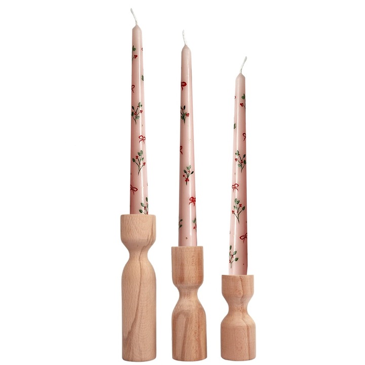 Set 3 suporturi pentru lumanari, lemn, 10/14/18 cm, natural