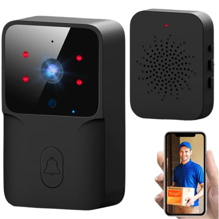 Vezeték nélküli video csengő, VisionHub® vezeték nélküli intelligens kaputelefon, 1080P HD videokamera éjjellátóval, IP65 vízálló, kétirányú beszélgetés, távirányító Tuya Android/iOS alkalmazáson keresztül, WiFi, 150 méteres hatótáv, 3M Visual Alert, feke