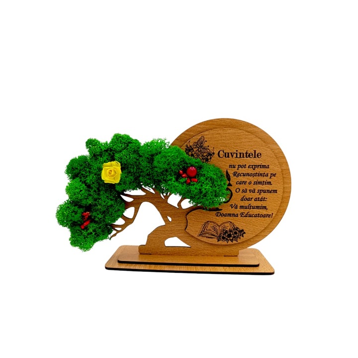 Decoratiune cadou, personalizat cu mesaj standard pentru Educatoare, "Cuvintele nu pot exprima recunostinta", maro, dimensiune 21x14cm