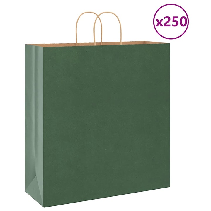 Set saci de hartie vidaXL, 250 buc, cu manere, verde 45x17x48 cm 4101737