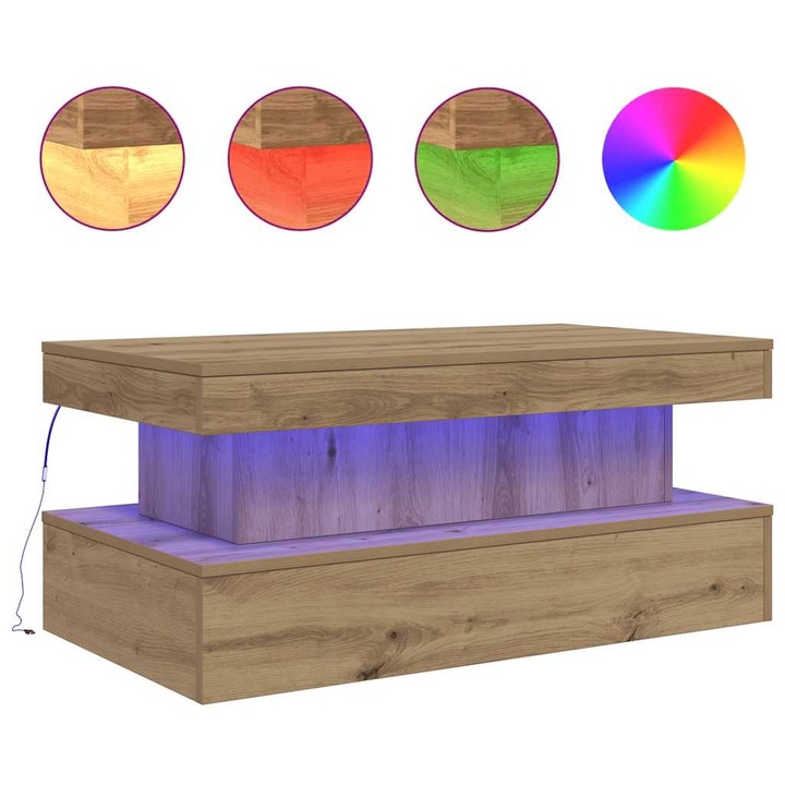 Masuta de cafea cu lumini LED vidaXL, stejar artizanal, 90x50x40 cm