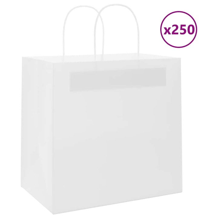 Set pungi de hartie vidaXL, 250 buc, cu manere, albe 26x17x25 cm 4101619