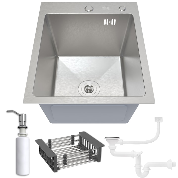 Кухненска мивка ANW HOME, Inox, С един съд, 40x50 см, В комплекте Дозатор, Кошница