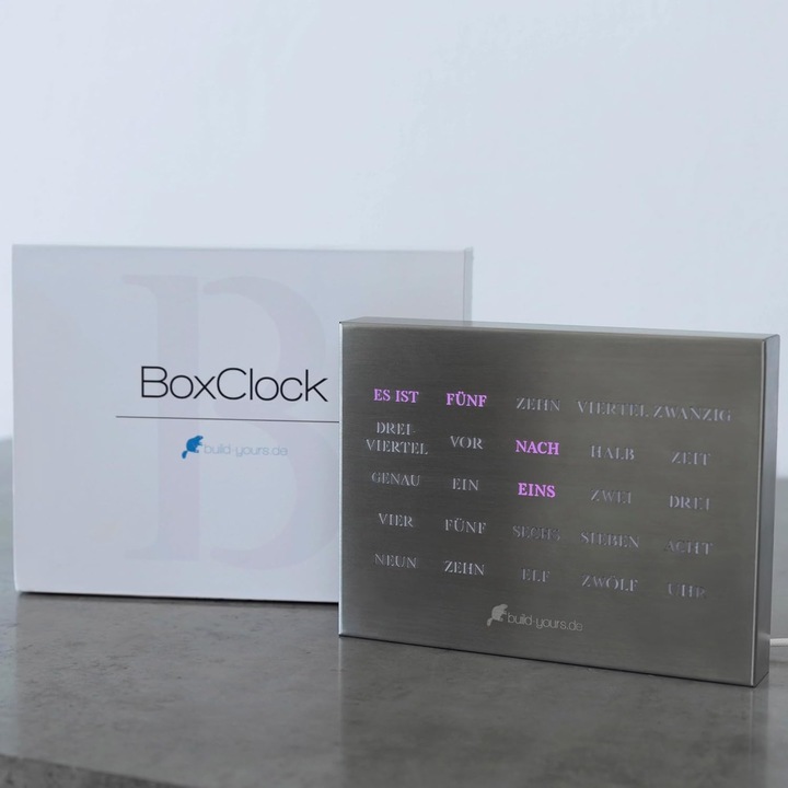 Ceas digital BoxClock, design modern, iluminare LED, otel inoxidabil, cu sincronizare WiFi, 1W, set de birou