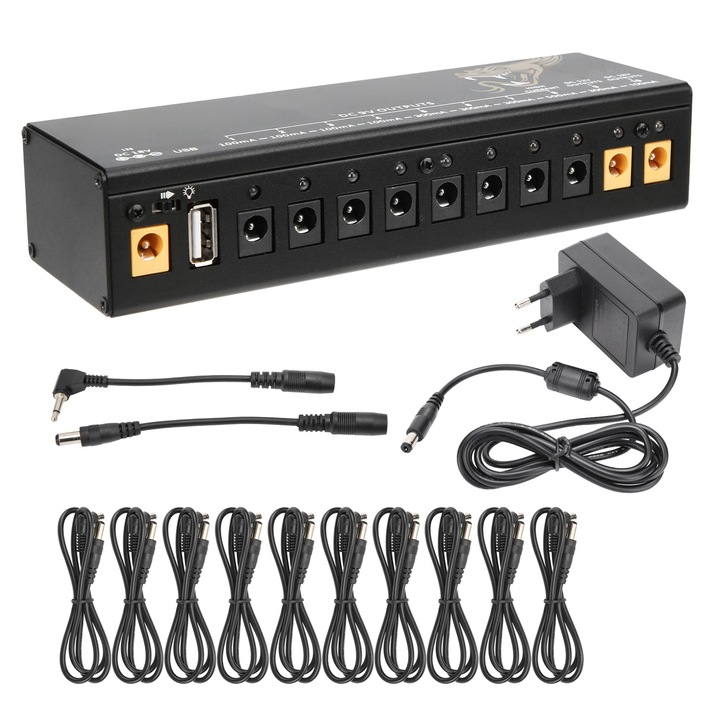 Sursa de alimentare pentru pedale Bizaical, 10 canale, 9V/12V/18V, 16.5x5x3.3cm, set complet cu cabluri si adaptor